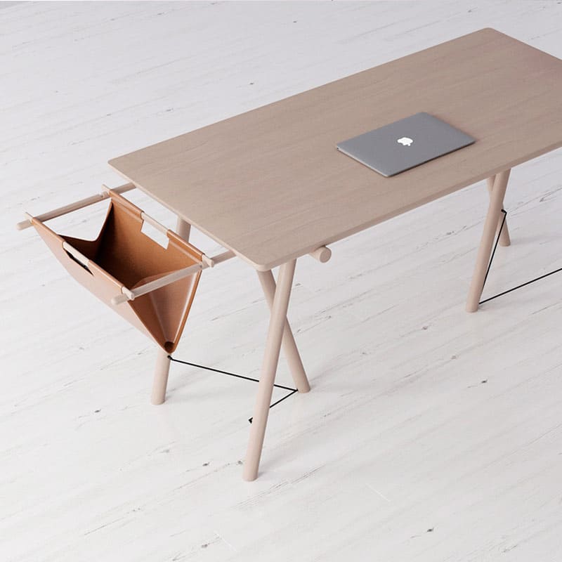 Wooden desk with laptop and side storage.