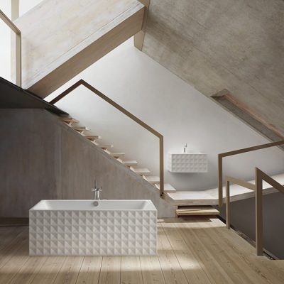 Modern bathroom with geometric design and staircase.