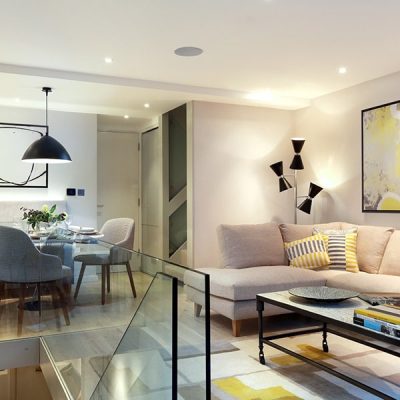 Modern living room with stylish furniture and decor.