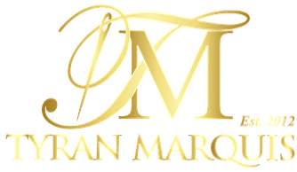 Gold Tyran Marquis logo on black background.
