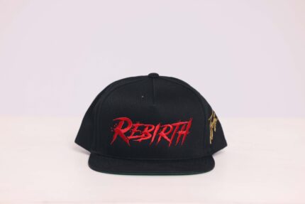 Black cap with "Rebirth" embroidered in red.
