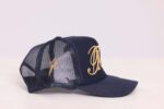 Navy mesh cap with gold embroidery.