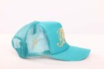Turquoise mesh cap with embroidered logo.