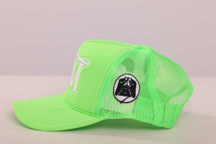 Neon green cap with mesh and patch.
