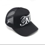 Black mesh baseball cap with white cursive letters.