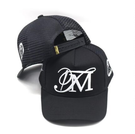 Black mesh trucker hats with white embroidered logos.