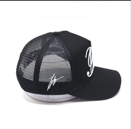 Black mesh baseball cap with white signature and text design.