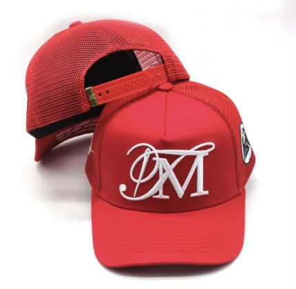 Red baseball caps with white embroidered logo and adjustable strap.