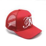 Red mesh baseball cap with white embroidered logo.