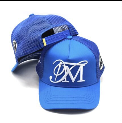 Blue baseball caps with a white stylized OM logo.
