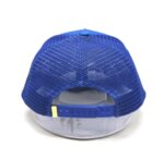 Blue mesh trucker hat with adjustable strap, viewed from the back.